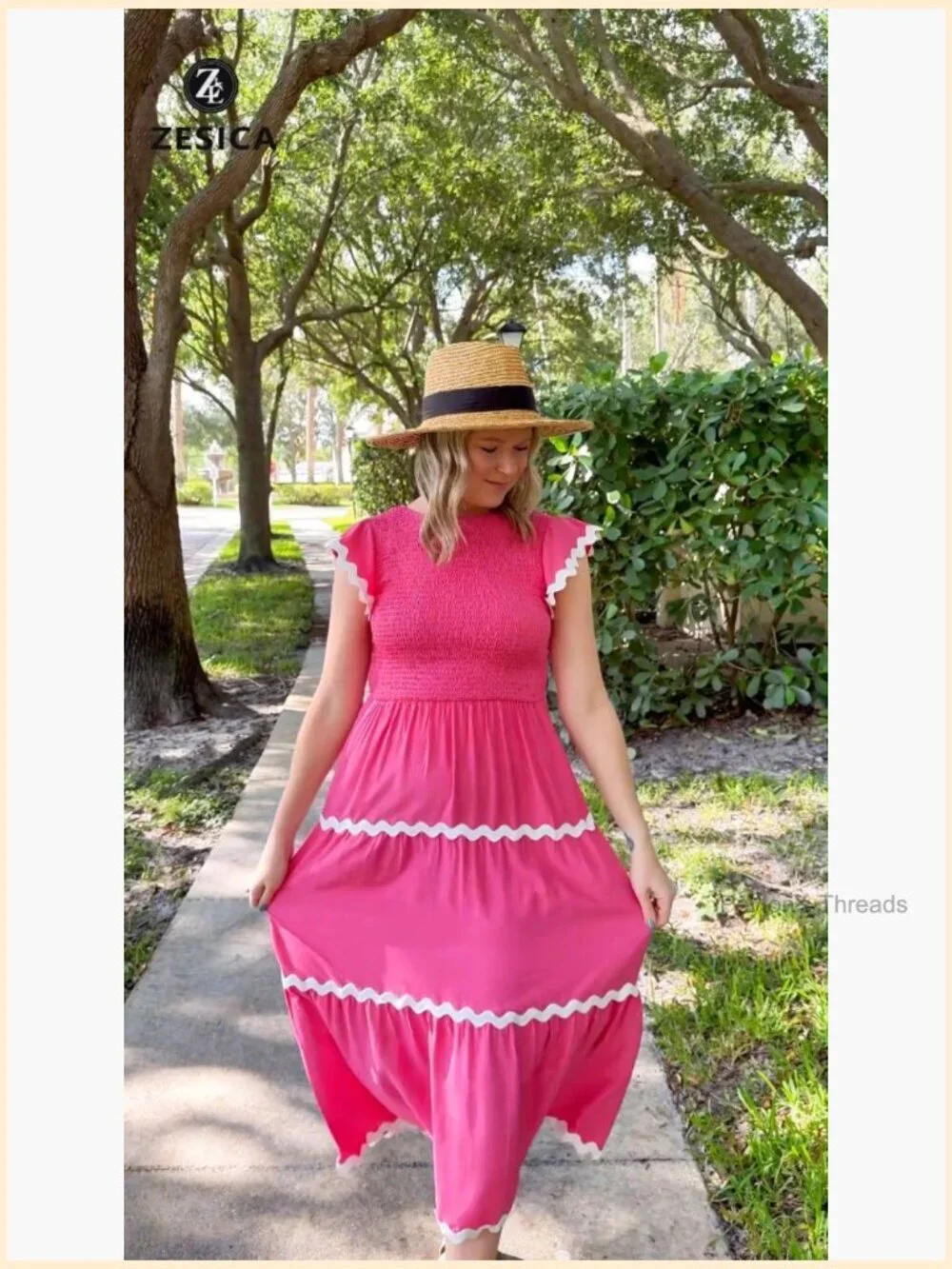 Smocked Midi Dress with Flutter Sleeves Tiered Flowy Boho Casual